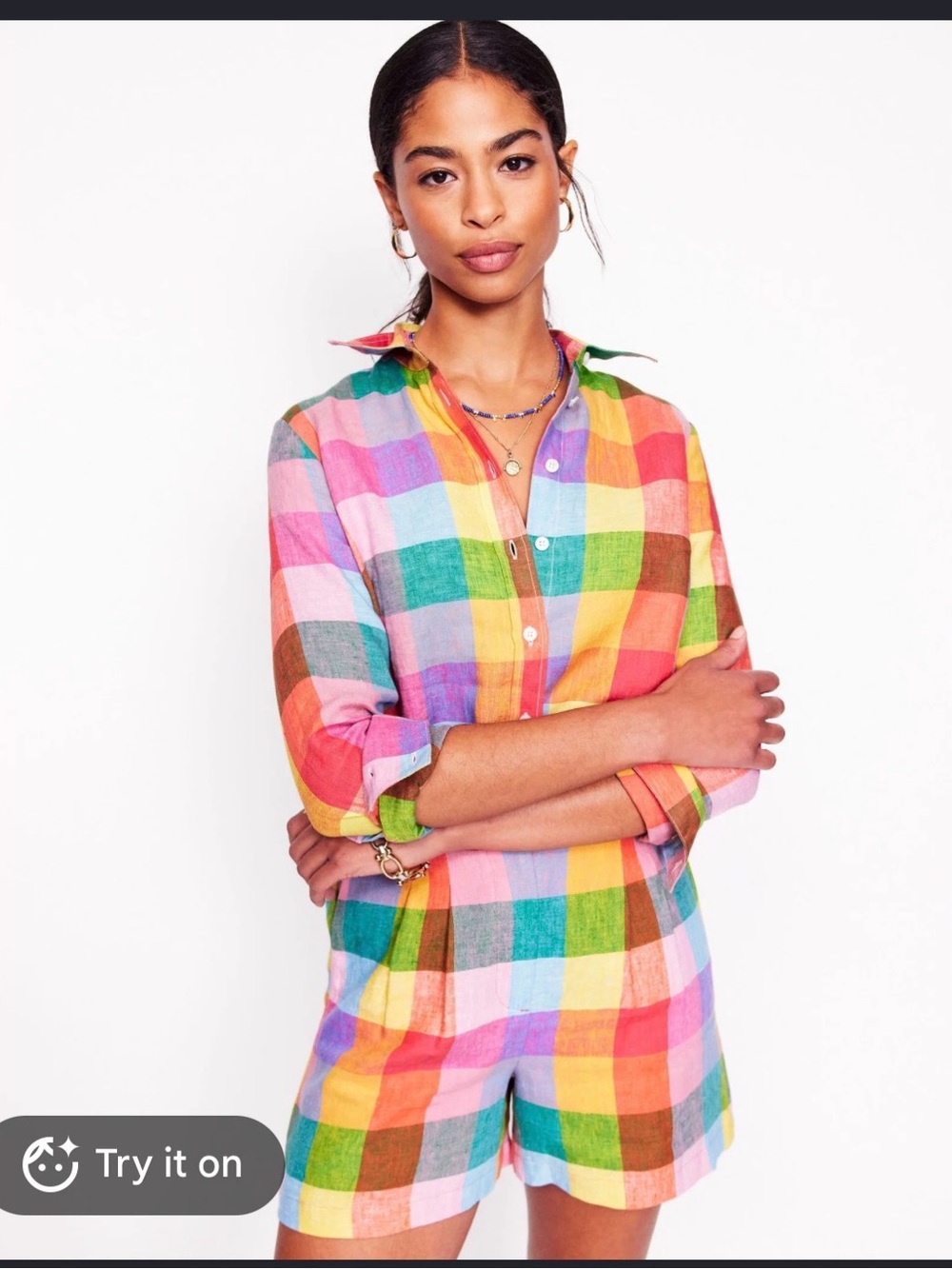 Boden Rainbow Plaid Linen Button-Down Shirt, 10